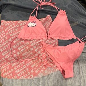Pink hello kitty bikini 3 piece top bottom cover up skirt large nwt new